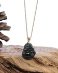 Baikalla Jewelry Gold Jade Pendant Genuine Nephrite Black Jade Buddha Pendant Necklace with 14k Gold bail