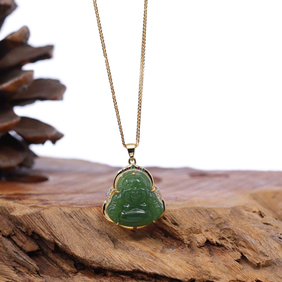 Baikalla Jewelry Jade Pendant Baikalla™ "Laughing Buddha" Gold Plated Nephrite Jade Necklace Pendant