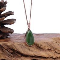 Baikalla Jewelry Jade Pendant Necklace Baikalla™ 18k Rose Gold Tear-Drop Nephrite Jade Necklace Pendant