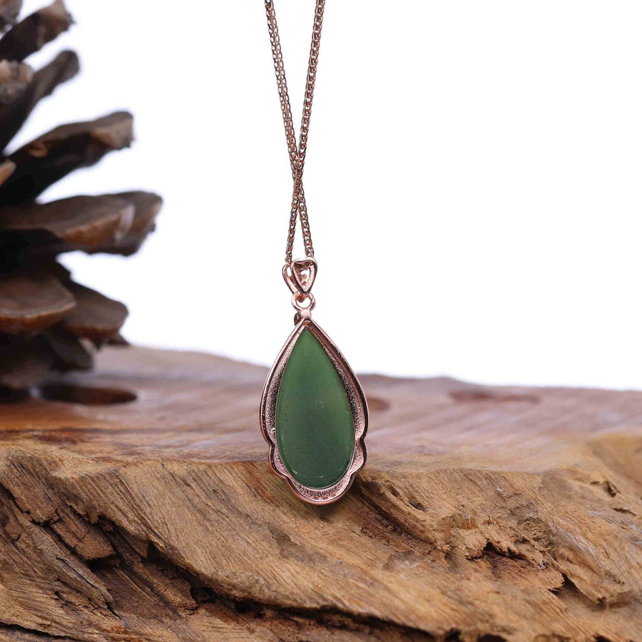 Baikalla Jewelry Jade Pendant Necklace Baikalla™ 18k Rose Gold Tear-Drop Nephrite Jade Necklace Pendant