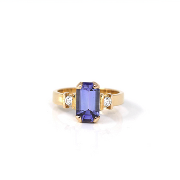 Baikalla Jewelry Gold Tanzanite Ring 18k Yellow Gold Natural Emerald Cut Tanzanite Diamond Anniversary Ring