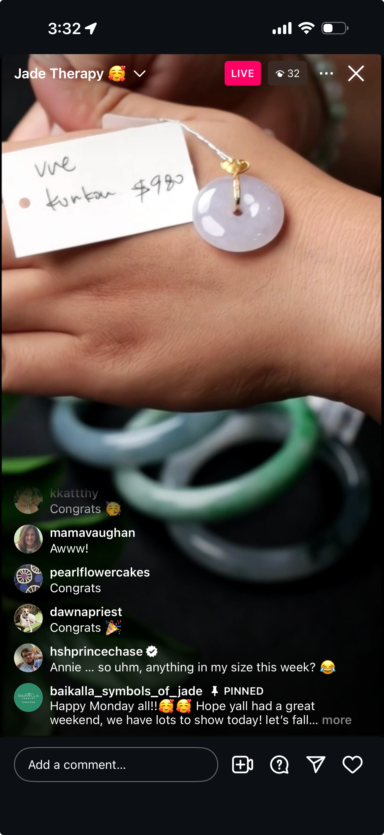 Live "18ky gold Heart Bail Natural Light Lavender Jadeite Jade Kou Kou" (06/16/25)