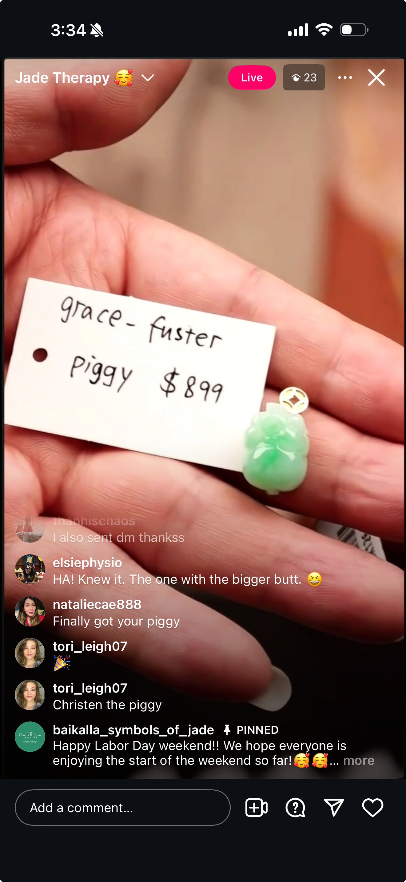 Live "18ky Natural Light Icy Green Jadeite Jade Piggy Pendant" (Live Pick) (08/30/25)