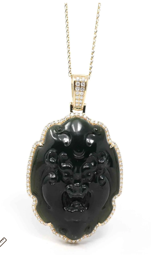 Custom Order* Platinum Bezel Setting Black Guatemalan Jadeite Jade "Fu Dog" Double Sided Carving (11/03/25)