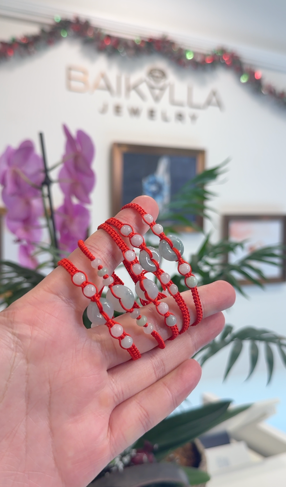 Natural Blue/ Blue Flower Jadeite Jade &quot;Ping An Kou&quot; Braided Red Nylon Adjustable Drawstring Bracelet