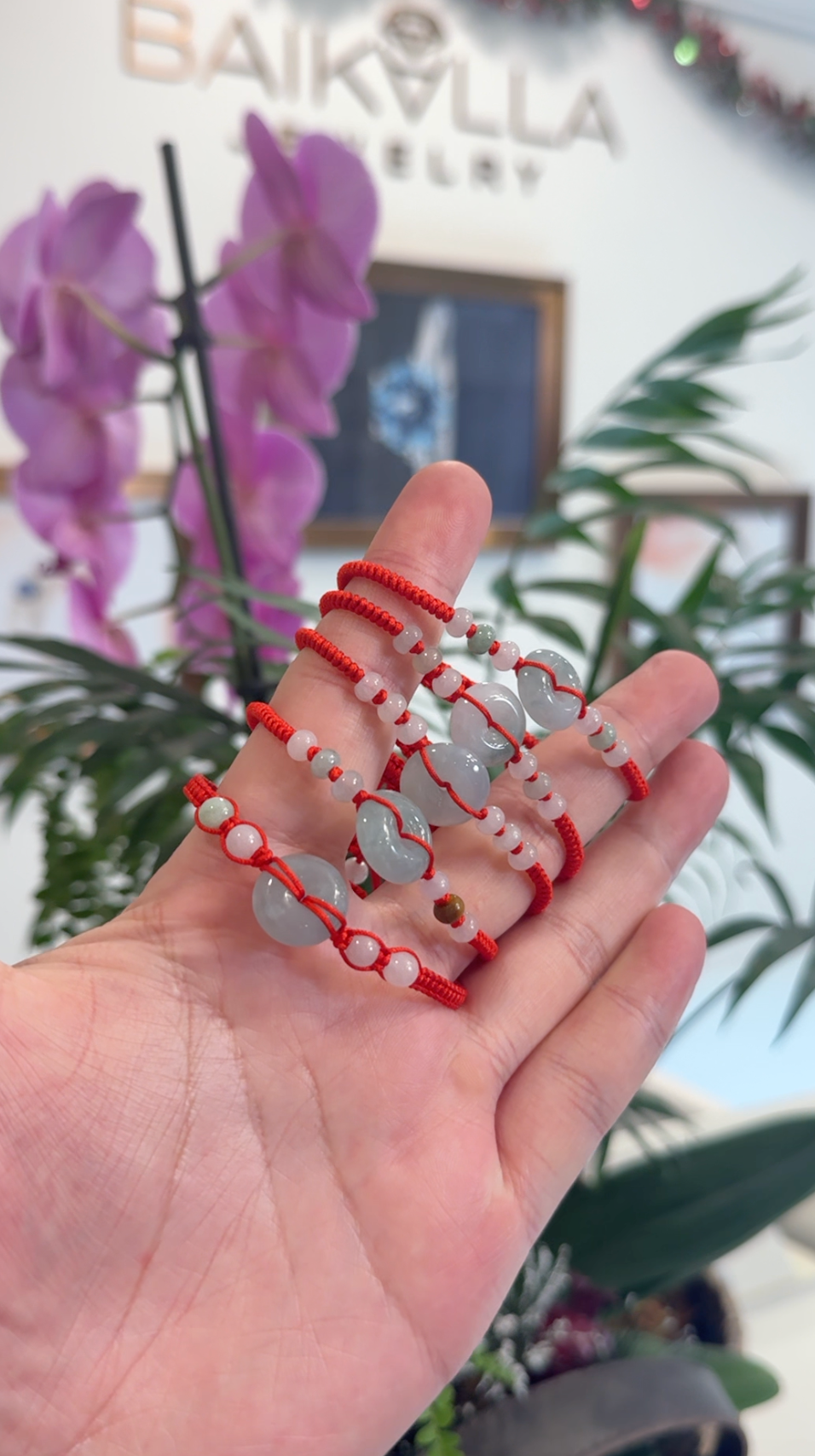 Natural Blue/ Blue Flower Jadeite Jade &quot;Ping An Kou&quot; Braided Red Nylon Adjustable Drawstring Bracelet