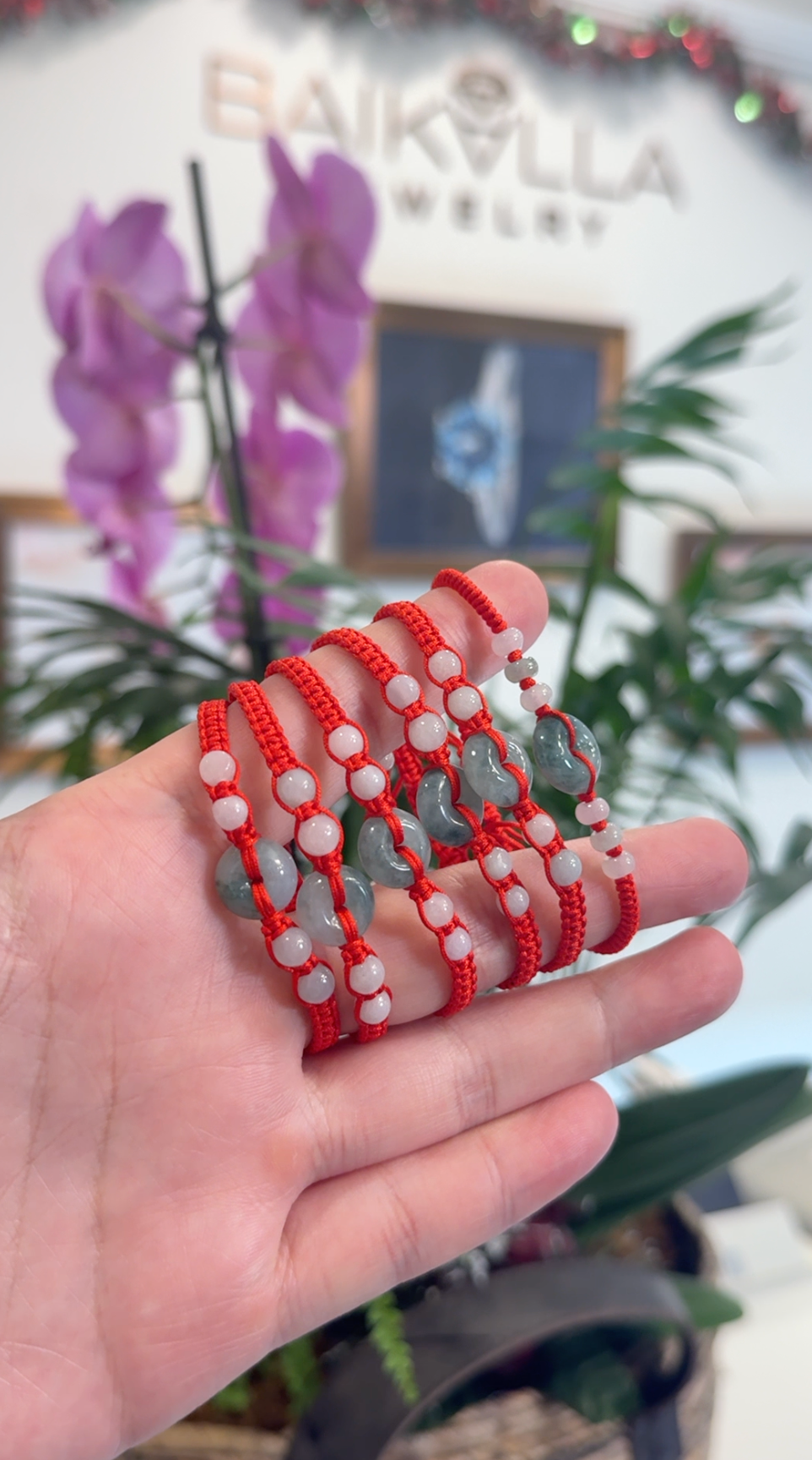 Natural Blue/ Blue Flower Jadeite Jade &quot;Ping An Kou&quot; Braided Red Nylon Adjustable Drawstring Bracelet