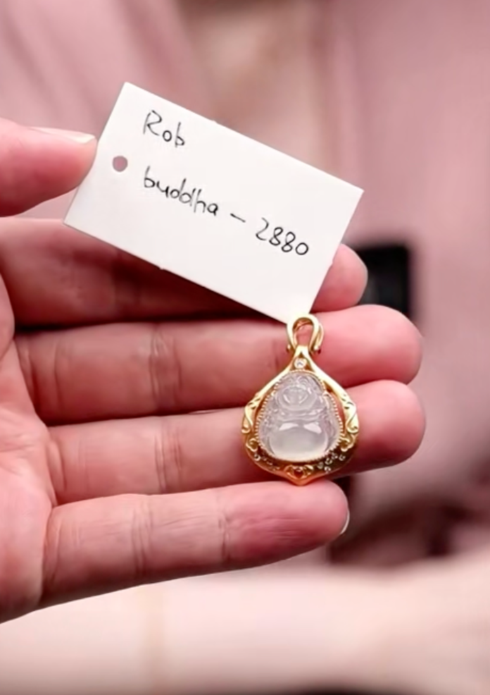 "Live" 18k Natural High Icy Jadeite Jade Buddha Pendant w/ Natural Diamonds  (09/12/26)