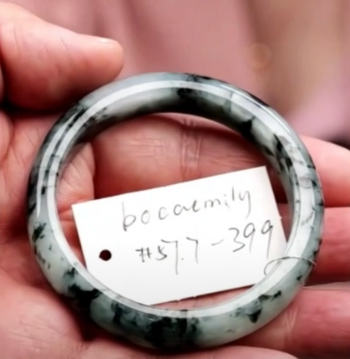 "Live" Natural Icy Moonlight W/ Dark Green Flowers Jadeite Jade Bangle (09/23/26)