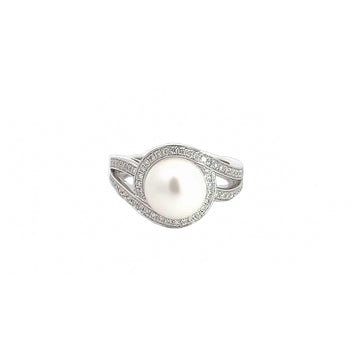 Baikalla Jewelry Gold Pearl Ring 14k White Gold Peal Engagement Ring with VS1 Diamonds