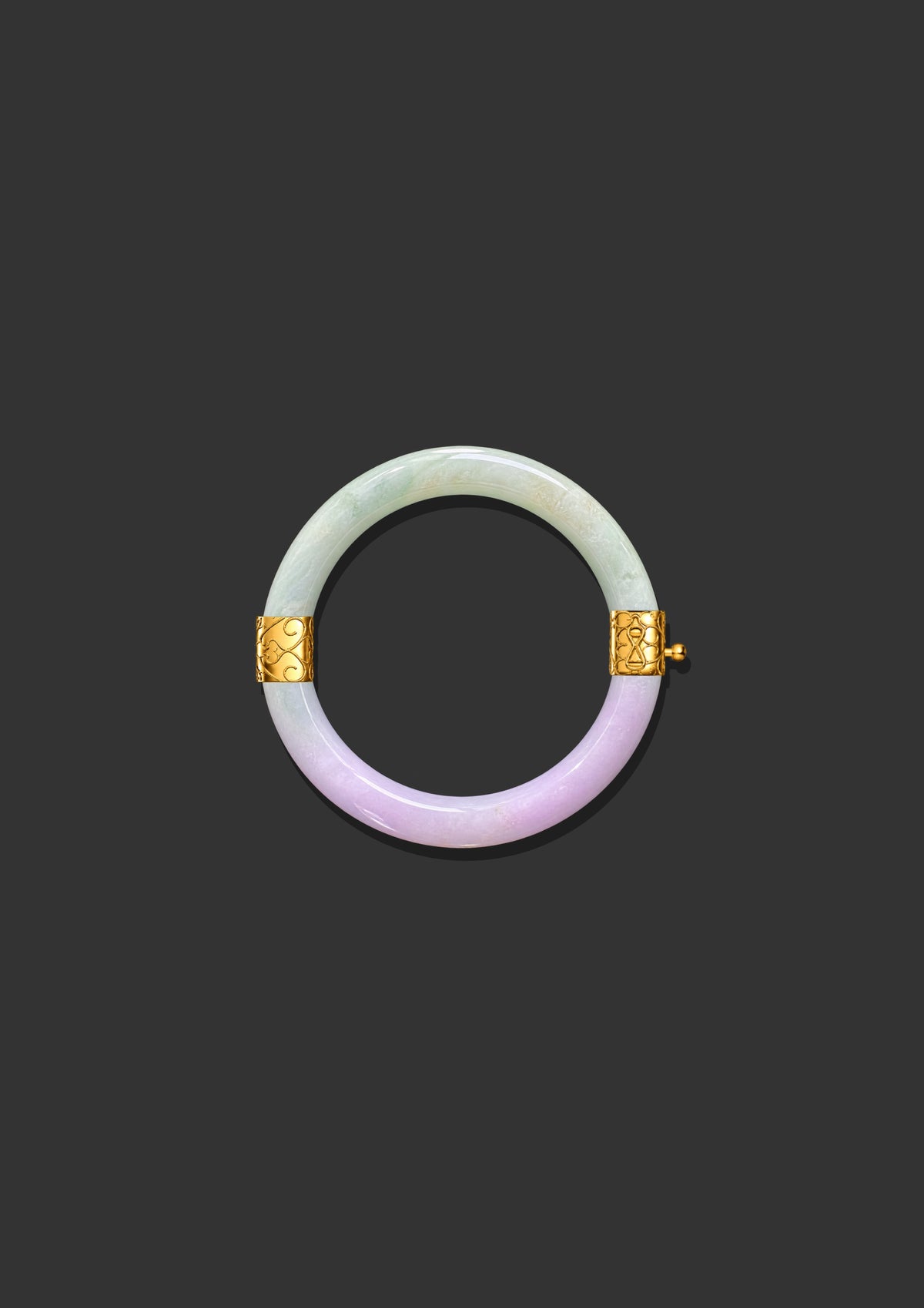 Custom 18K Yellow Gold Filigree Hinge Green &amp; Lavender Jadeite Jade Bangle (Gold Only)