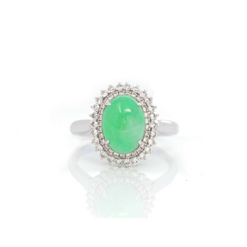Baikalla Jewelry Jadeite Engagement Ring Baikalla™ "Classic Double Halo" 18k White Gold Natural 3.445ct cabochon Green Jadeite Engagement Ring With 1/2 ct Diamonds