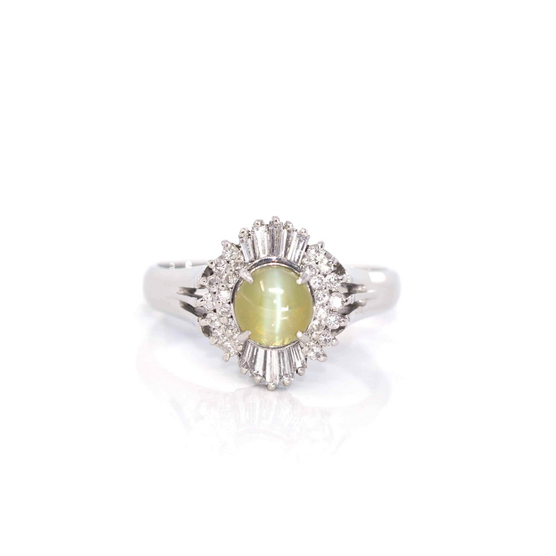 Baikalla Jewelry Gold Gemstone Ring 18k White Gold Natural Green Chrysoberyl Cat's Eye Ring with Diamond