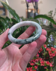 Baikalla White-Green W/ Deep Blue-Green Flower Patches Jadeite Jade "Half Round" Bangle Bracelet (57mm) 