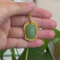 Baikalla™ 24K Yellow Gold Genuine Nephrite Green Jade GuanYin Pendant Necklace