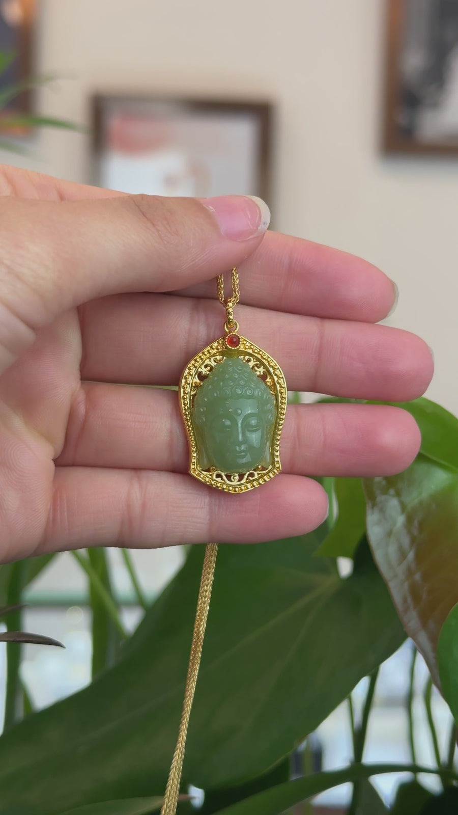Baikalla™ 24K Yellow Gold Genuine Nephrite Green Jade GuanYin Pendant Necklace