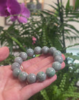 Baikalla Grey Wuji & Green Flower Genuine Jadeite Jade Large Round Bead Bracelet (13.3mm)