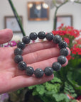 Baikalla Natural Black Wuji Jadeite Jade Round Bead Bracelet (12mm)