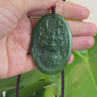 Natural Jade 12 Zodiac: Nephrite Jade Dragon Pendant Necklace in Deep Green