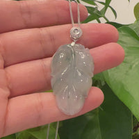 Genuine Ice Jadeite Jade Jin Zhi Yu Ye (Leaf) Necklace With White Gold Diamond Bail