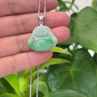 "Laughing Buddha" Genuine Vibrant Green Jadeite Buddha Pendant Necklace With Sterling Silver Bail