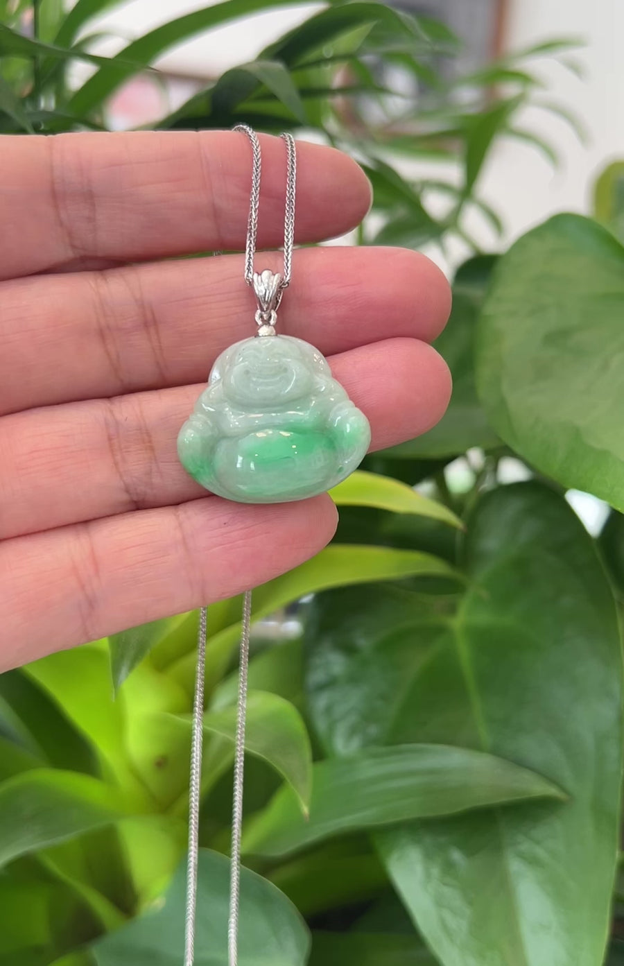 "Laughing Buddha" Genuine Vibrant Green Jadeite Buddha Pendant Necklace With Sterling Silver Bail