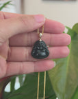 Genuine Nephrite Black Jade Buddha Pendant Necklace with 14k Simple Gold bail