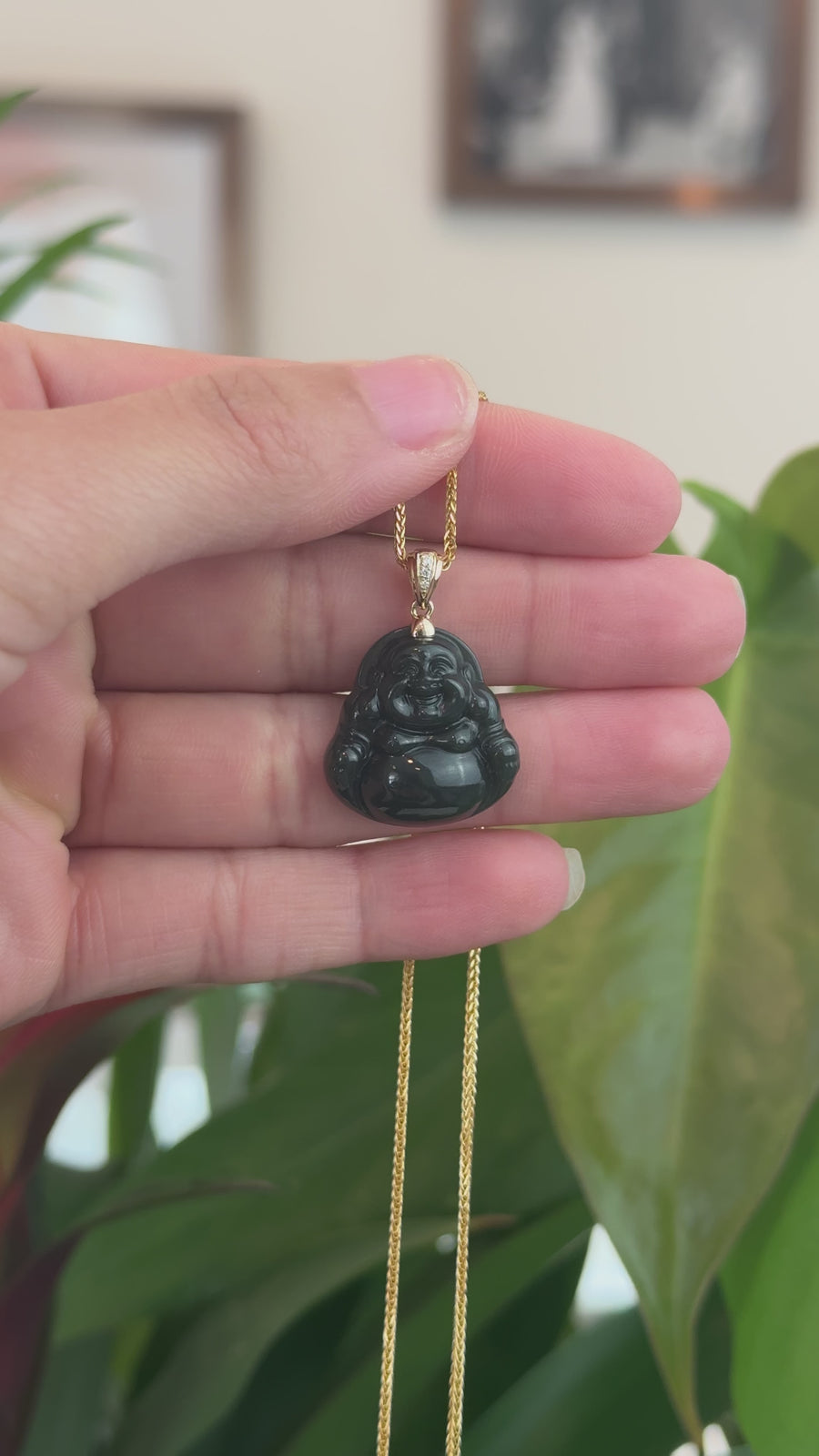 Genuine Nephrite Black Jade Buddha Pendant Necklace with 14k Gold bail
