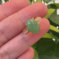 Baikalla 18k Rose Gold Natural Imperial Green Oval Jadeite Jade Engagement Ring With Diamonds