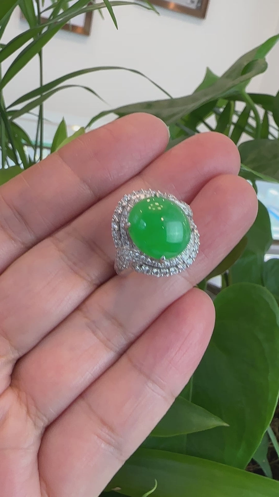 Baikalla 18k White Gold Natural Imperial Green Jadeite Jade Engagement Ring With Diamonds