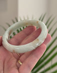 Baikalla Trailing Vine Leaf Carving Natural Light Green W/ Sajin Flower Patches Jadeite Jade "Half Round" Bangle Bracelet (58.8mm) 