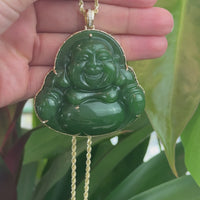 "Laughing Buddha" Large 14k Yellow Gold Genuine Green Jade Buddha Pendant