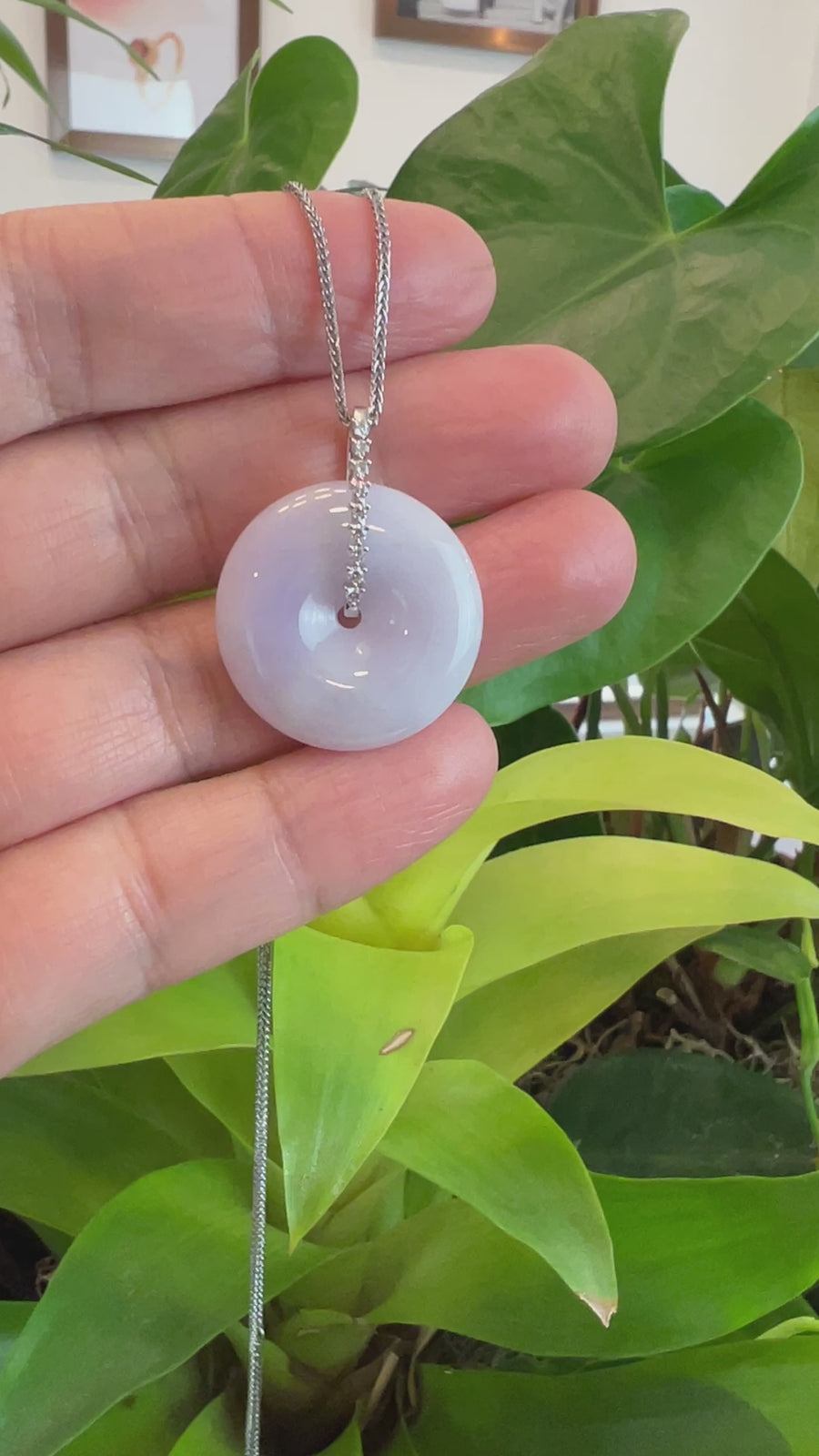 14K White Gold "Good Luck Button" Necklace Lavender Jadeite Jade Pendant Necklace