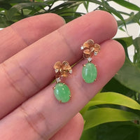 18K Rose Gold "Ginkgo Leaf" Green Jadeite Jade Dangle Stud Earrings