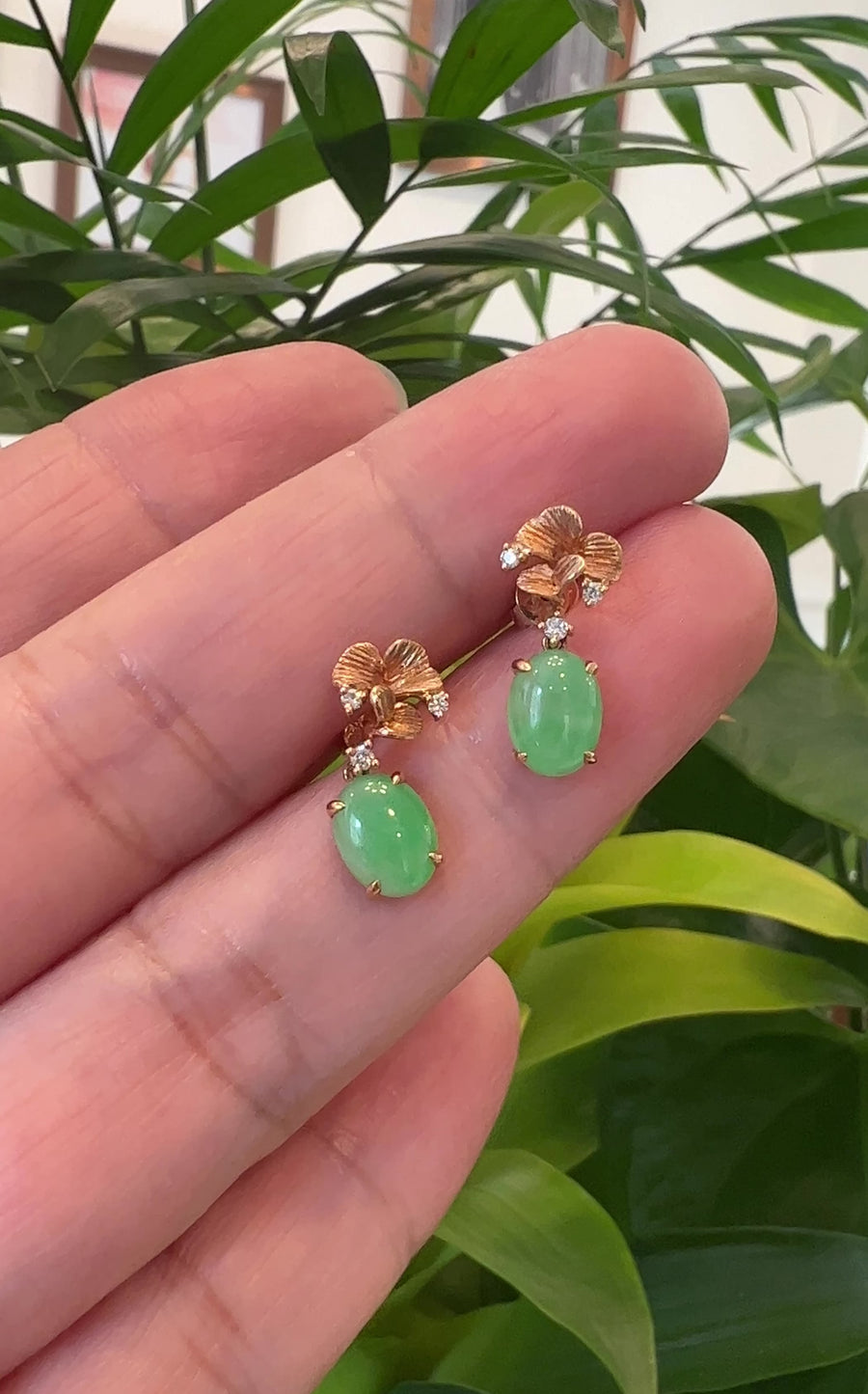 18K Rose Gold "Ginkgo Leaf" Green Jadeite Jade Dangle Stud Earrings