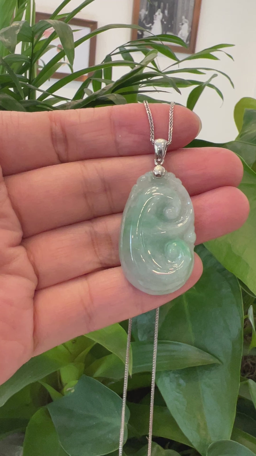 Natural Light Green Jadeite Jade Ru Yi Pendant Necklace With Sterling Silver Bail