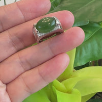 Baikalla™ Signet Silver Real Oval Green Nephrite Jade Classic Men's Ring