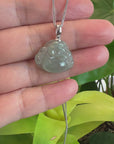 14k White Gold Bail "Laughing Buddha" Genuine Ice Jadeite Jade Buddha Pendant Necklace
