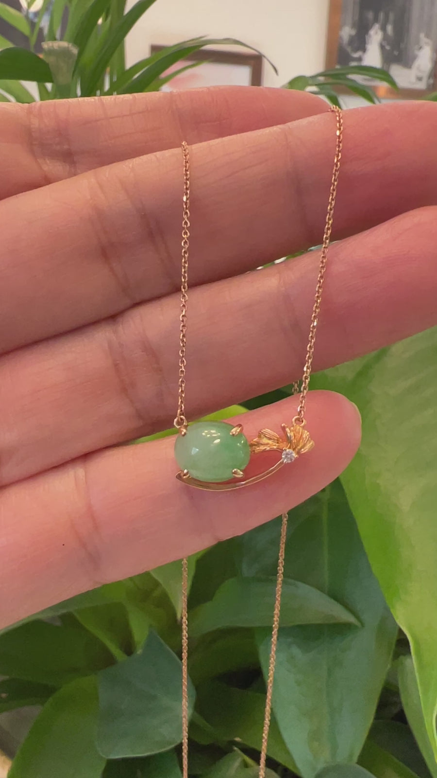 18k Rose Gold Jadeite Jade Diamond Pendant Necklace Ginkgo Leaf