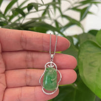 18K White Gold Ru Yi l Imperial Jadeite Jade Cabochon Necklace with Diamonds