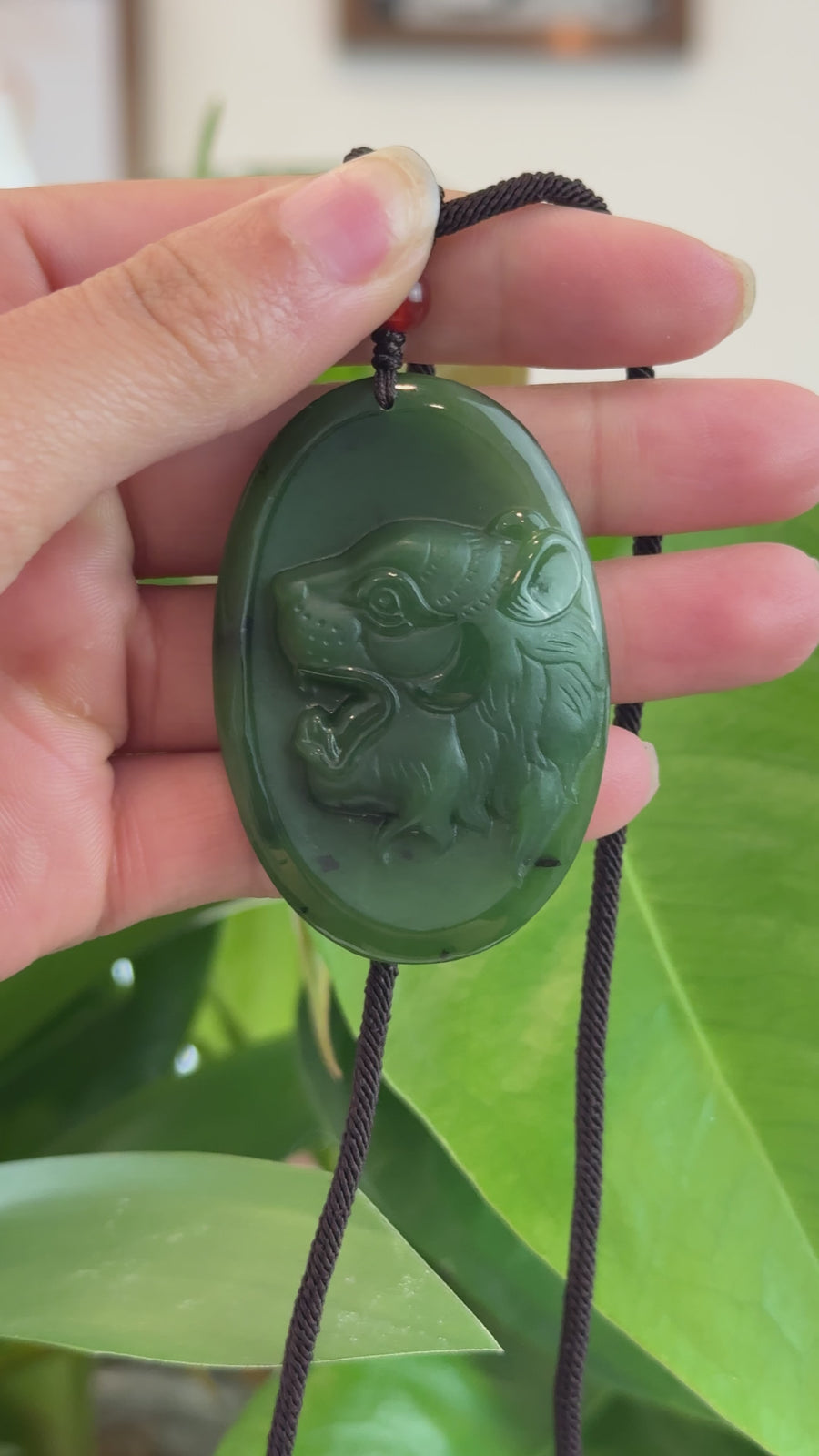 Natural Jade 12 Zodiac: Nephrite Jade Tiger Pendant Necklace in Deep Green