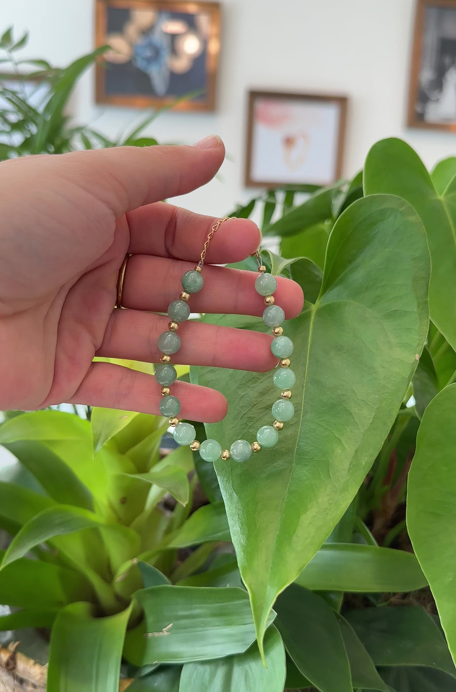 Baikalla Genuine Ice Green Jadeite Jade Round Beads Bracelet With 18K Yellow Gold Clasp and Gold Beads ( 7.8 mm )