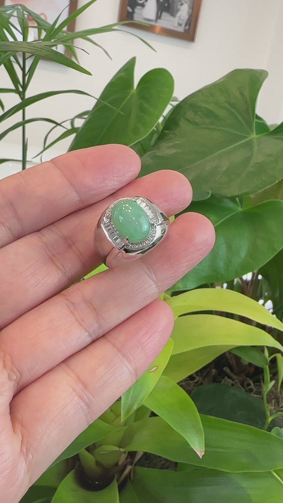 Baikalla™ Sterling Silver Genuine Green Jadeite Jade Men's Ring With Sapphire