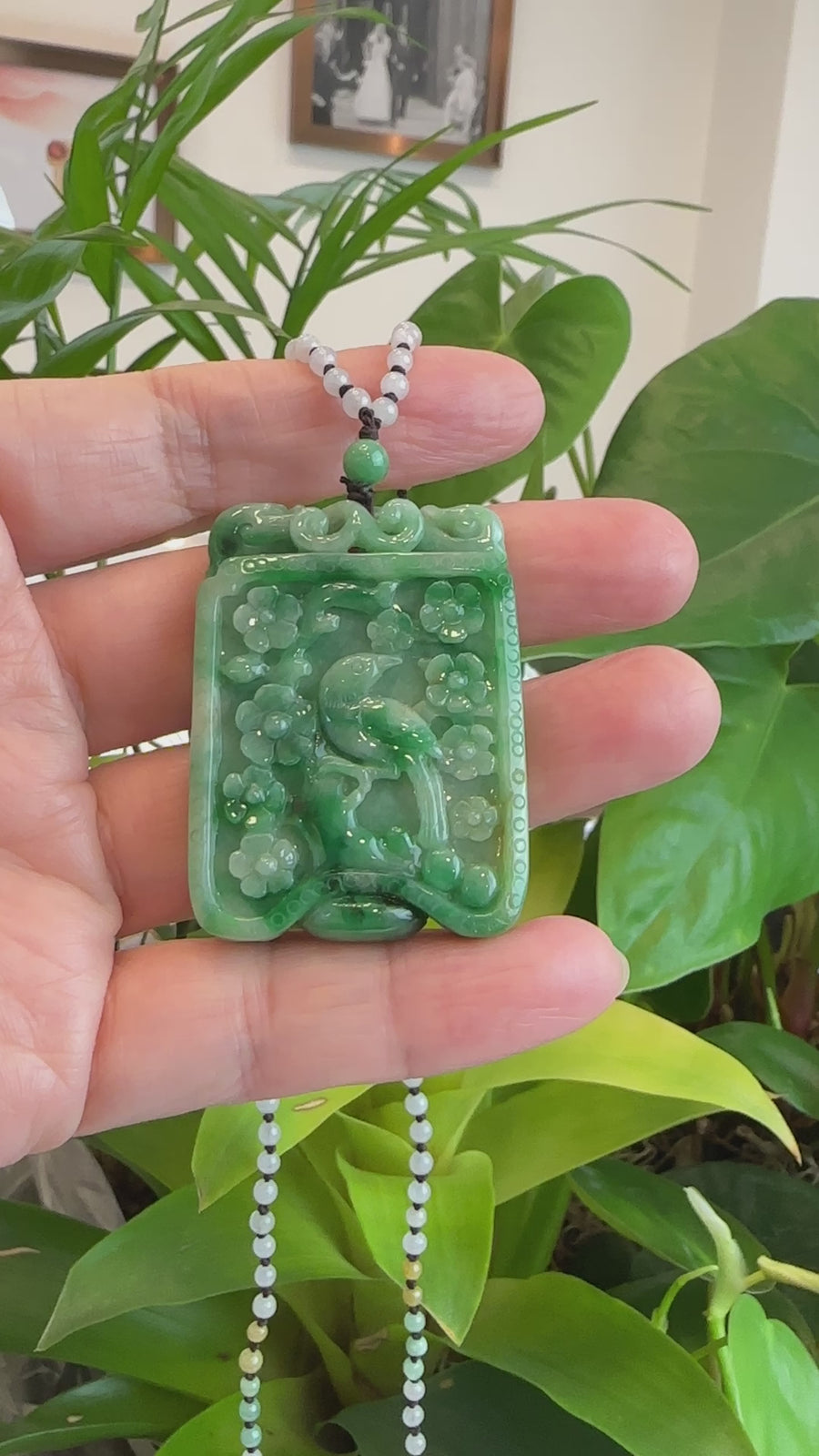 Genuine Green Jadeite Jade "Lucky Bird on Branch" Pendant Necklace With Real Jadeite jade Beads Necklace