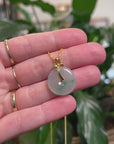 Baikalla 18K Yellow Gold "Ping An Kou" (Good Luck Button) Natural Icy Light Blue-Green Flowers Jadeite Jade Pendant