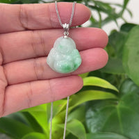 "Laughing Buddha" Genuine Vibrant Green Jadeite Buddha Pendant Necklace With Sterling Silver Bail