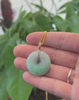 "Good Luck Button" Jadeite Jade Lucky KouKou Pendant With 14K Yellow Gold Bail