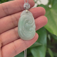Natural Light Green Jadeite Jade Ru Yi Pendant Necklace With Sterling Silver Bail