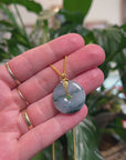 Baikalla 18K Yellow Gold "Ping An Kou" (Good Luck Button) Natural Deep Blue-Green Flower Jadeite Jade Pendant W/ Natural Diamonds & Ruby