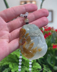 Baikalla Natural Red & Blue-Green Jadeite Jade "Fire Phoenix & Cherry Blossom" Pendant W/ Beaded Necklace